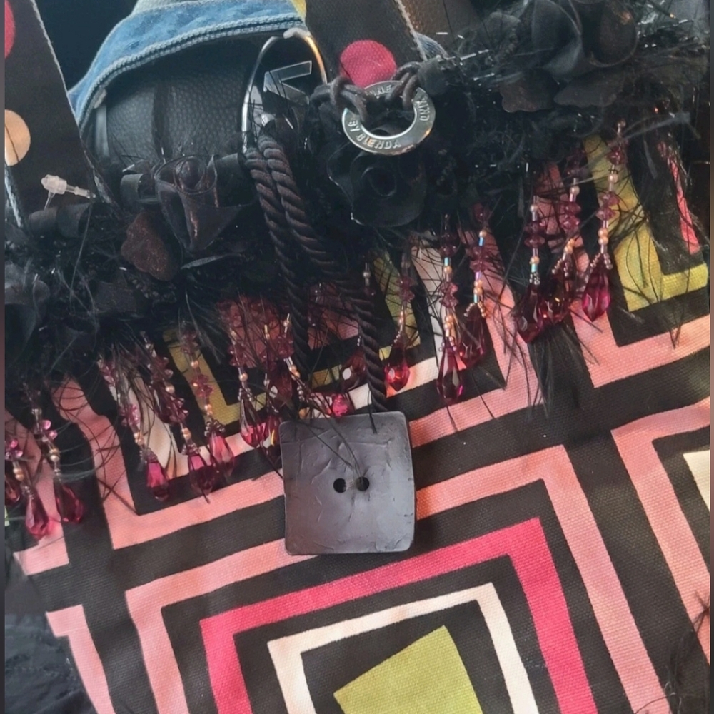 Glenda Sirota One of a Kind Bead & Boa Feather Handmade Colorful Geometric Tote